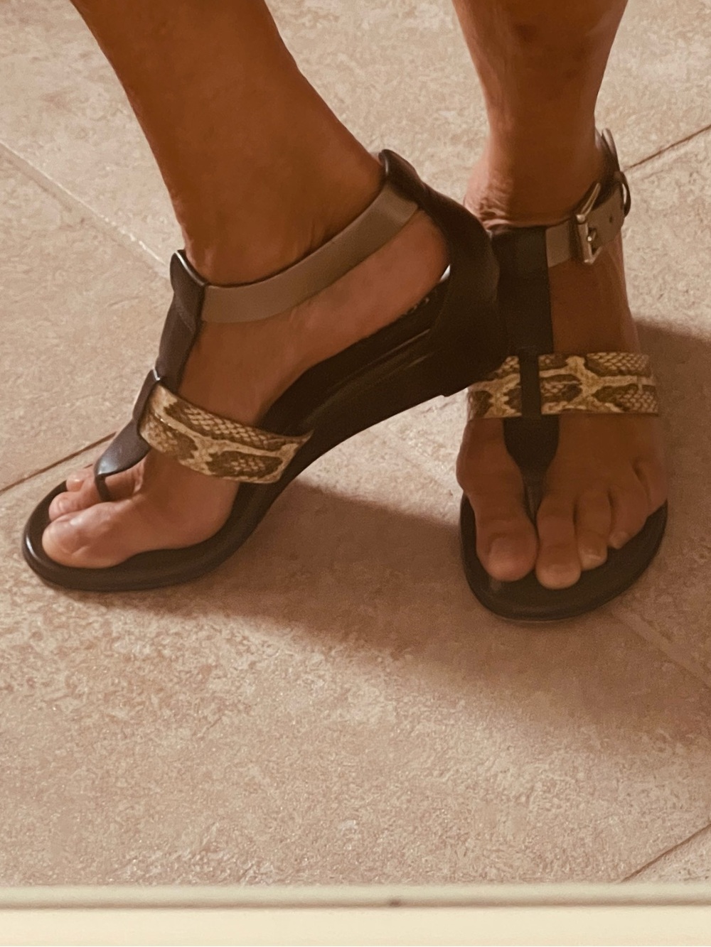 Coach Wedge Thong Sandals with Snake-Print Strap - Black & pewter